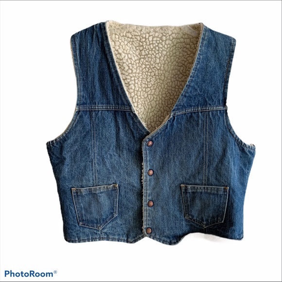 Vintage Jackets & Blazers - Vintage blue denim cream shearling denim vest